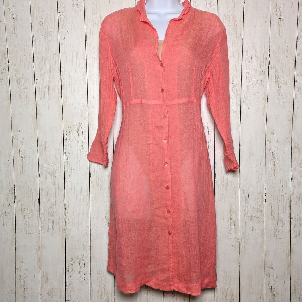 Eileen Fisher Coral Linen Shirt Dress Cover Up Tunic Size Small Sheer Summer
